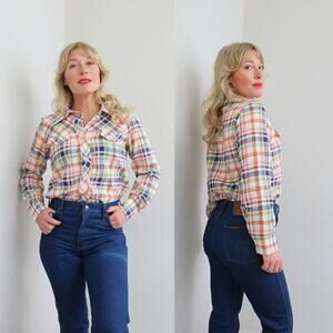 1970's Vintage The Shirtery Plaid Button Up Shirt Womens XS to MD Dagger Collar